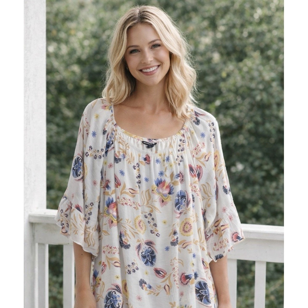Zac Rachel Dress 1X White Floral Lined Bell Sleeve Boho Romantic Ruffles EUC